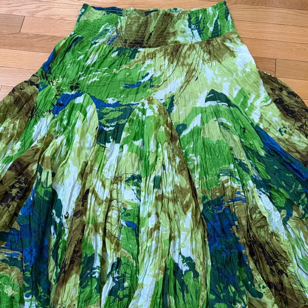 Grace Elements Green Abstract Print Skirt XL Flowy Pleated Boho Midi Skirt